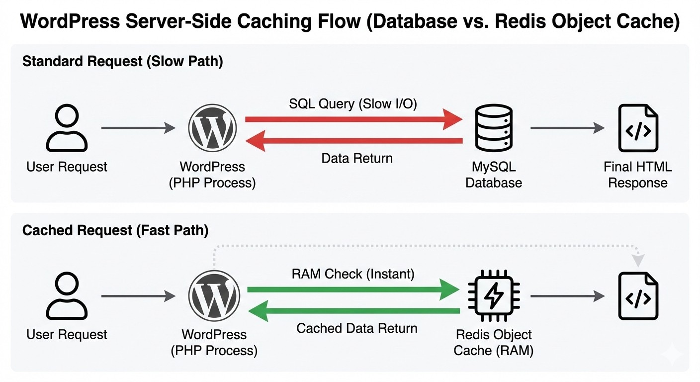 A technical diagram illustrating the difference between a standard WordPress database query and a faster request using Redis Object Caching in RAM.