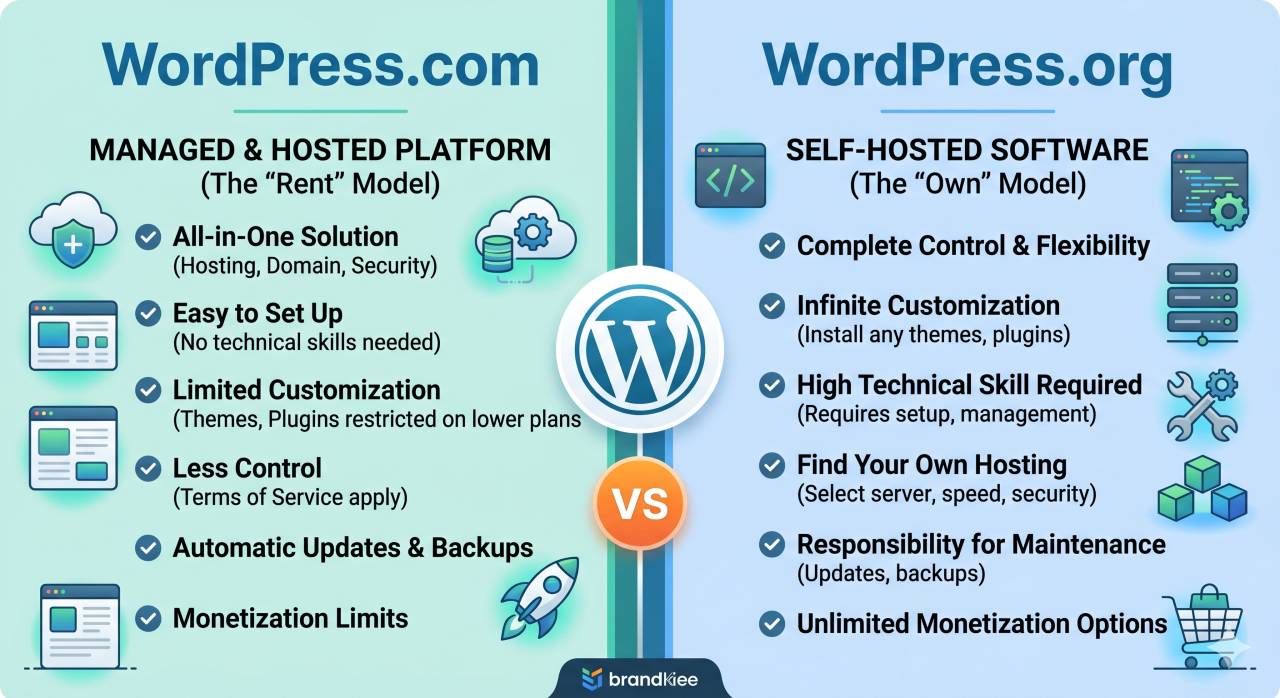 WordPress.com vs WordPress.org comparison guide showing key differences