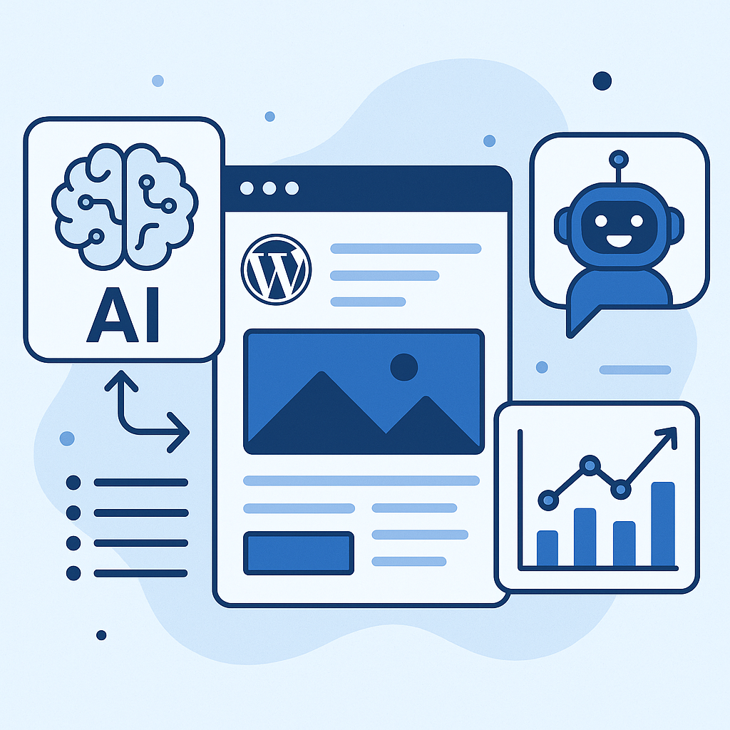 Illustration of AI tools enhancing WordPress development, with icons of chatbots, predictive analytics, and automated workflows.