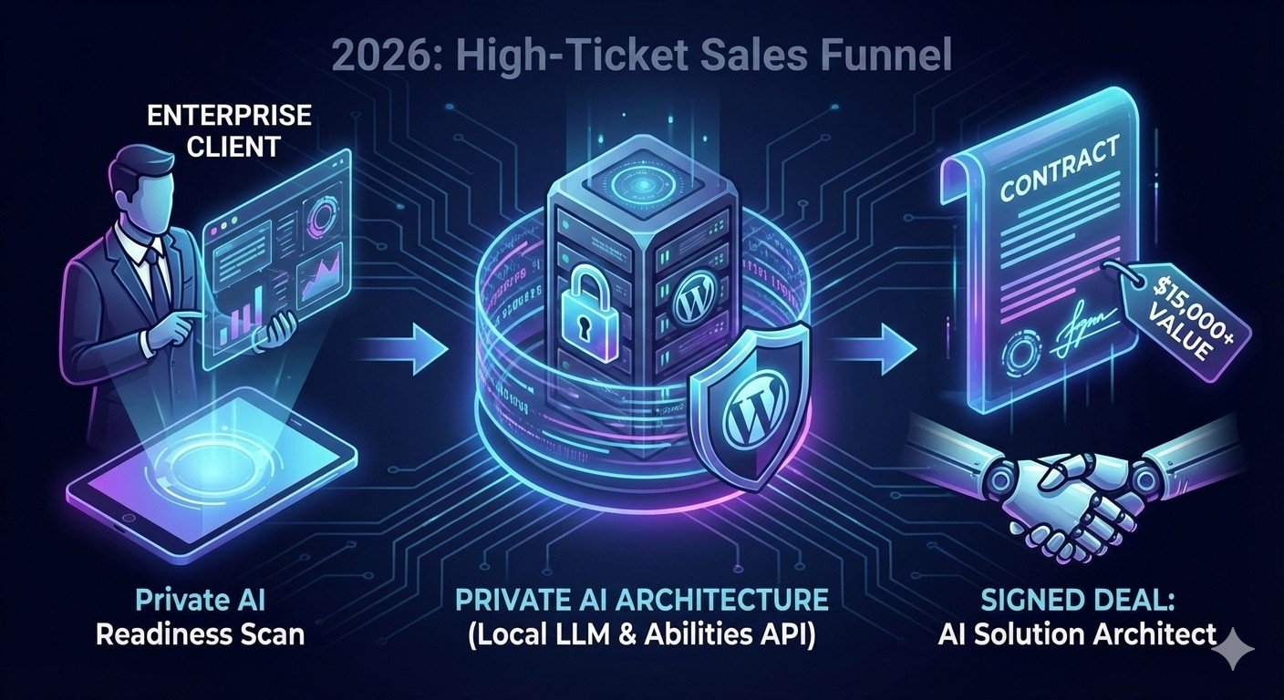 A strategic flowchart illustrating the "Private AI" sales journey for enterprise WordPress clients. It maps the process from an initial "AI Readiness Diagnostic" scan, through the "Infrastructure Setup" proposal, to closing a high-value $15,000+ consulting contract.