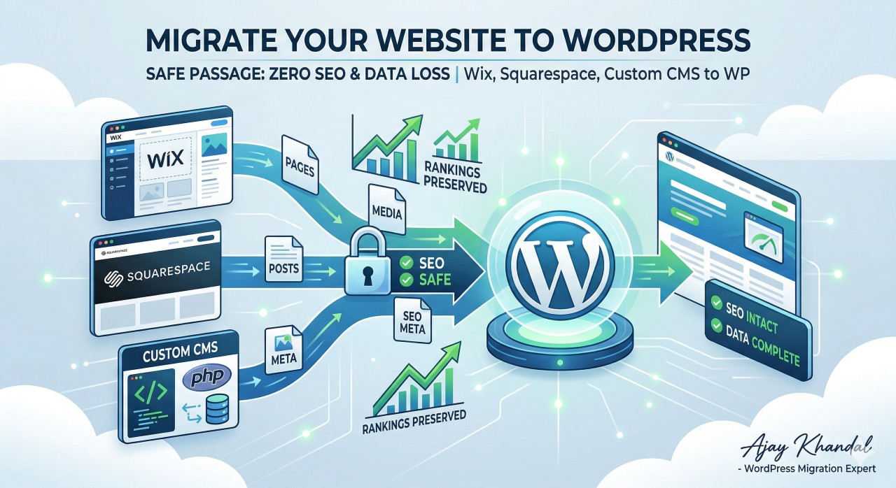 Website migration to WordPress without losing SEO, business owner reviewing migration checklist