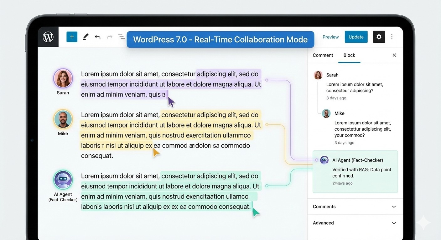 A high-fidelity mockup of the WordPress 7.0 Gutenberg editor in 2026. It features multi-user presence icons at the top, an 'AI Agent' avatar actively suggesting edits in a sidebar, and inline comments shared between human editors and the AI.