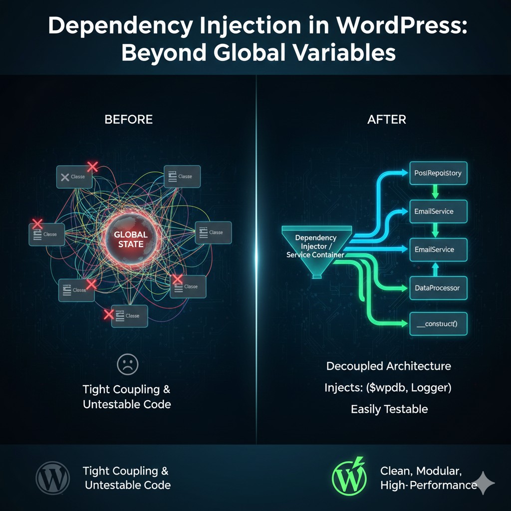 Diagram illustrating Dependency Injection (DI) in PHP, showing a central service class with arrows representing dependencies (like $wpdb or another class) being neatly fed into its constructor, promoting decoupling and unit testability in WordPress development.