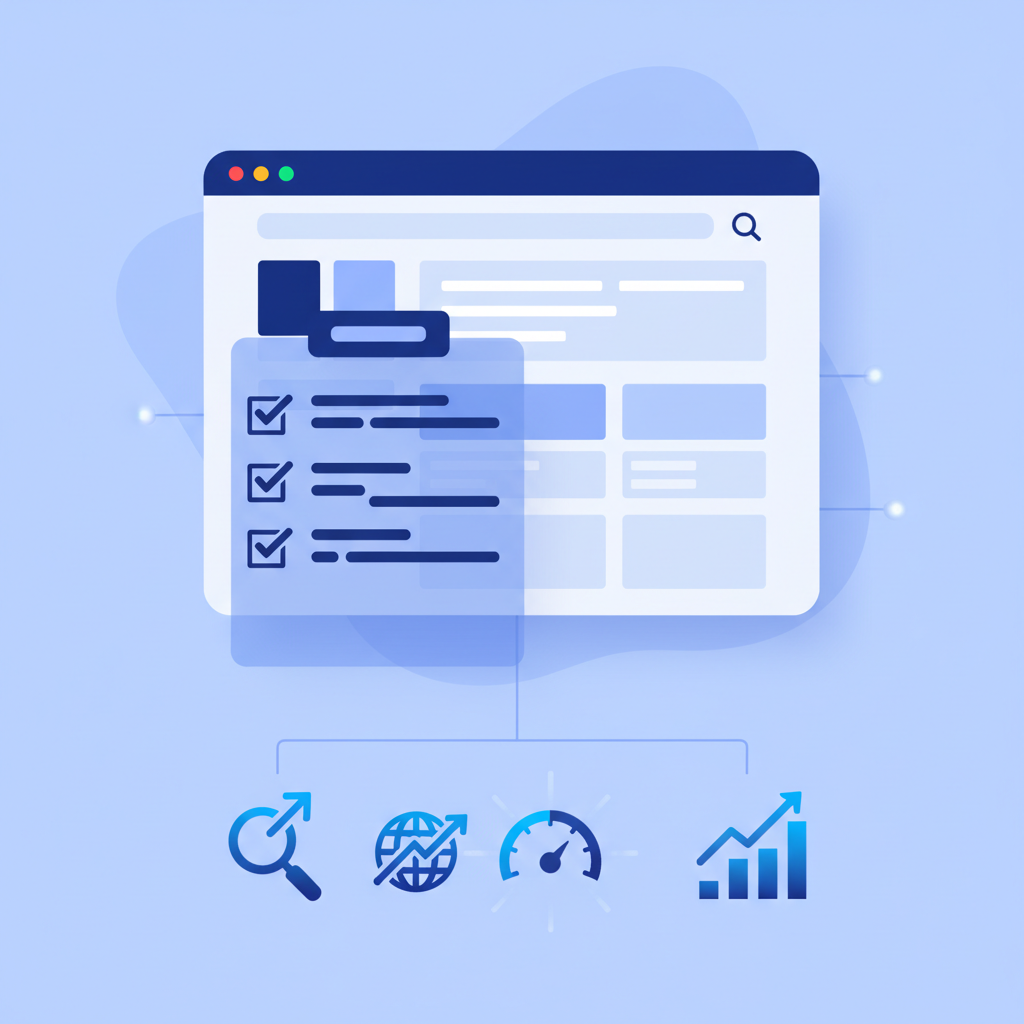 Illustration of a WordPress website with a checklist and optimization icons.