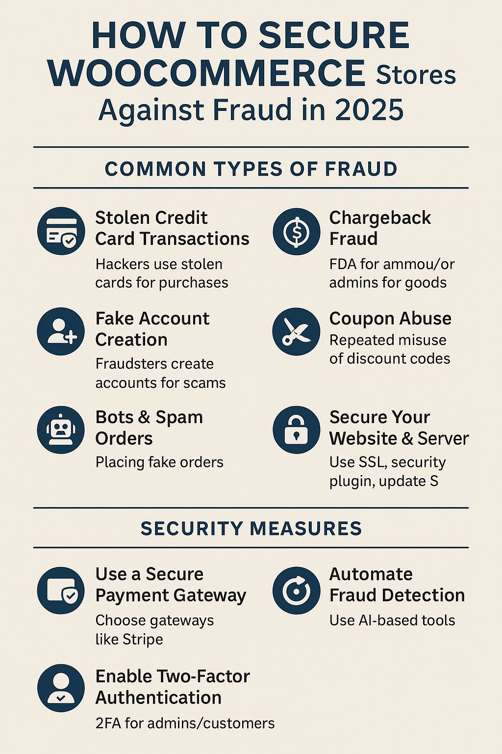 Infographic showing WooCommerce fraud types and security measures for 2025