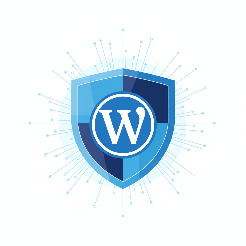Illustration of website security with a shield and firewall protecting a WordPress logo