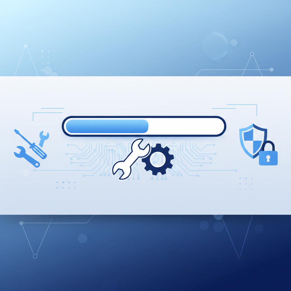 Illustration of WordPress maintenance with a progress bar and tools.