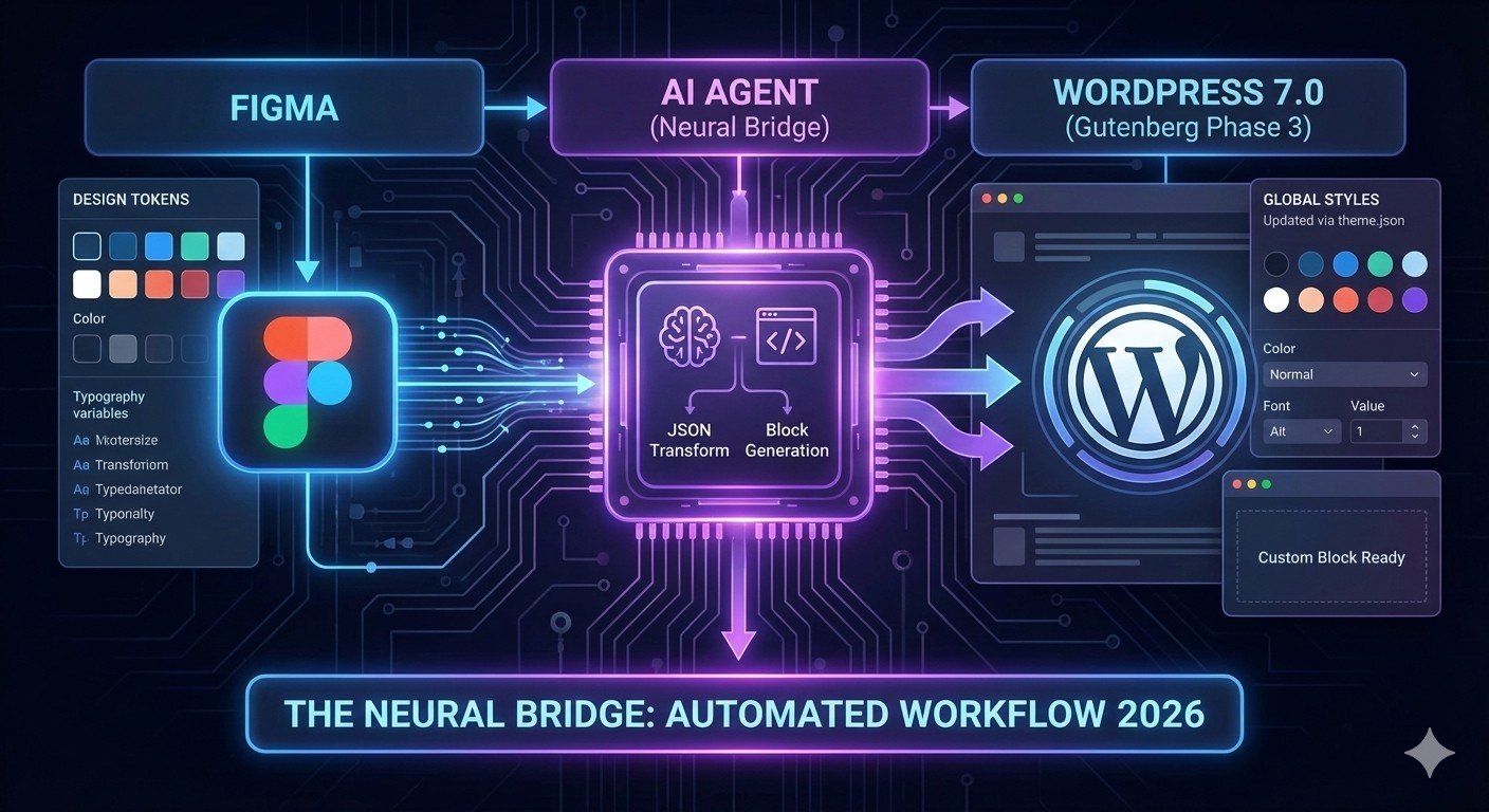 An isometric diagram illustrating the automated workflow of 2026: Design Tokens flowing from Figma, being processed by an AI agent, and resulting in a native WordPress theme.json file.