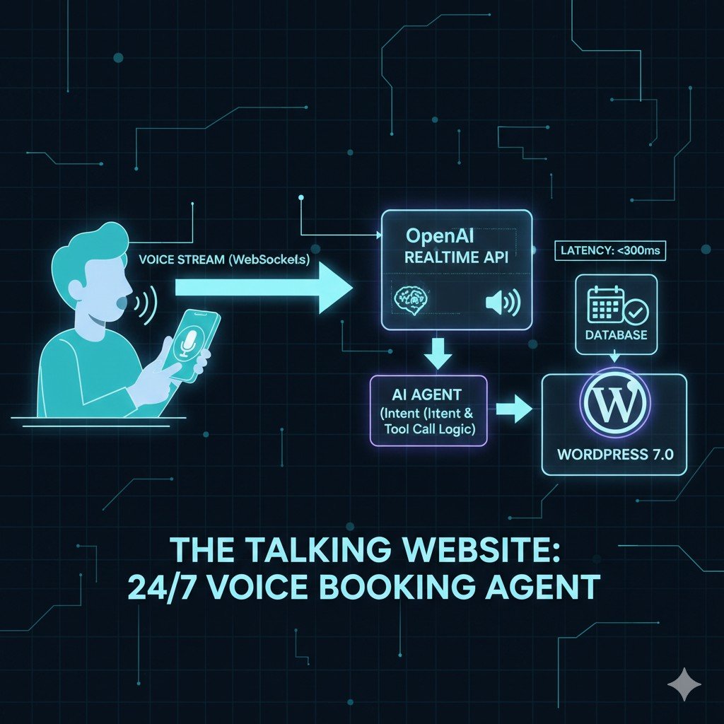 Technical infographic showing a service business website where a user speaks into their phone to interact with a Realtime AI Voice Assistant. The data flows through a WebSocket bridge to an OpenAI model, which then triggers the WordPress Abilities API to book an appointment directly into a calendar.