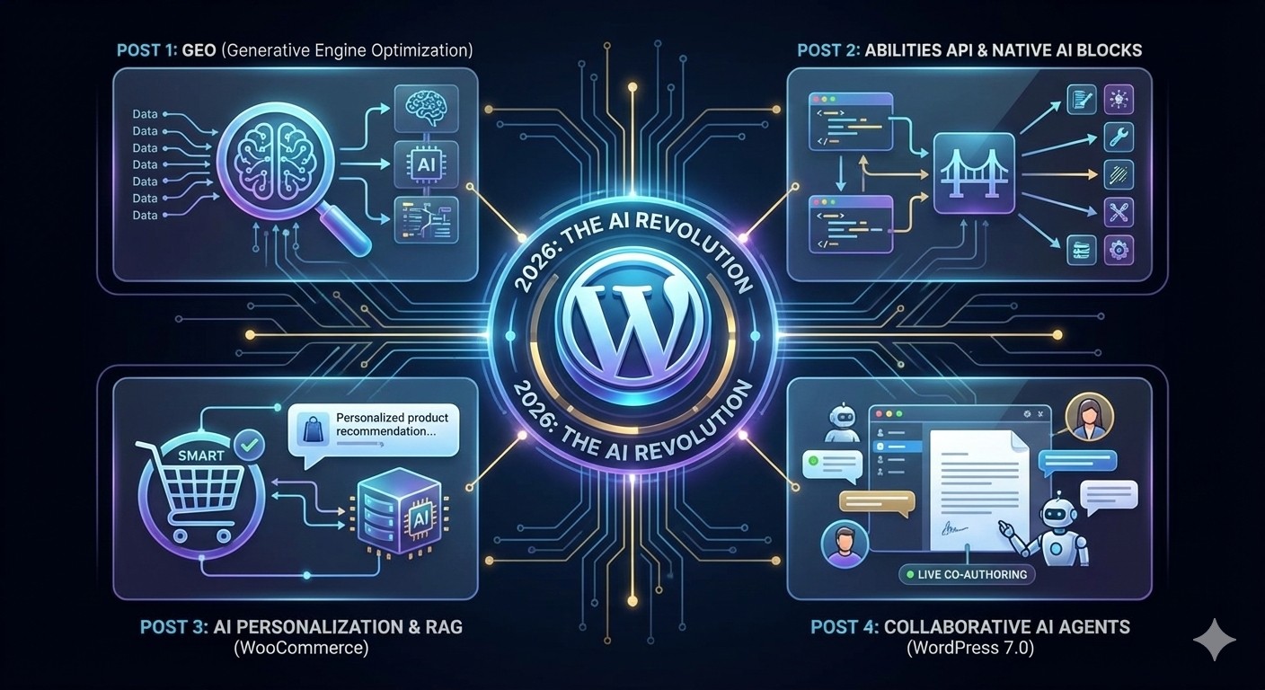 A professional hero graphic representing the four pillars of the 2026 WordPress AI ecosystem: Generative Engine Optimization (GEO), the Abilities API, RAG-driven WooCommerce personalization, and real-time AI collaboration in WordPress 7.0.