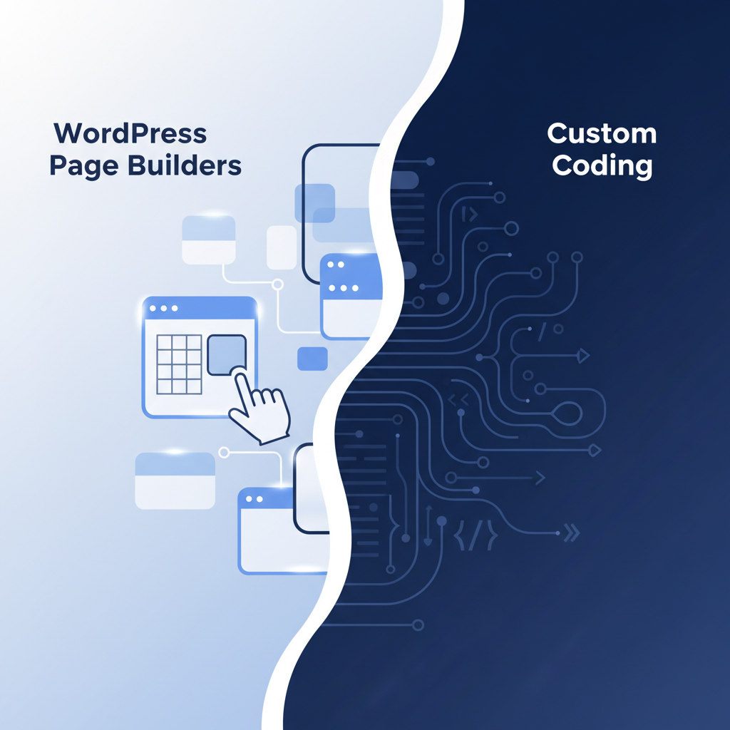 Illustration comparing WordPress page builders and custom code for website development