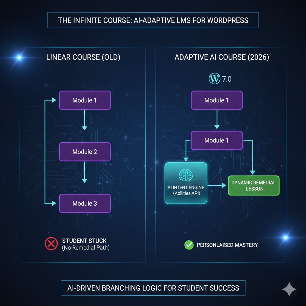 A comparison diagram of online course structures. On the left, a standard linear course showing a single path where students get stuck. On the right, an 'Infinite Course' powered by the WordPress Abilities API, showing the AI detecting a student's knowledge gap and automatically branching them into a personalized remedial lesson before returning them to the main curriculum.