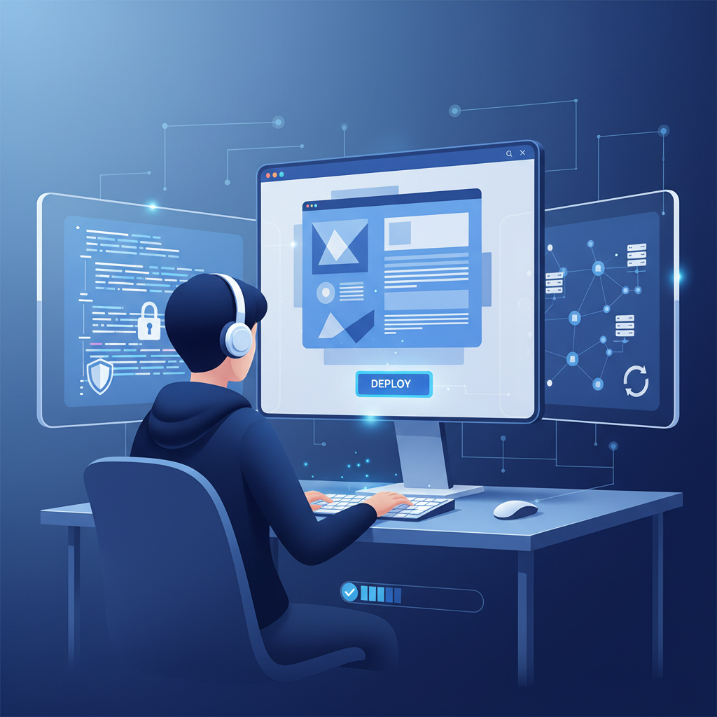 Illustration of a developer launching a WordPress site with optimized code and security layers.