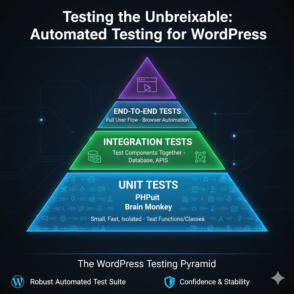 A technical diagram of the Testing Pyramid for WordPress development, showing a large base of Unit Tests with PHPUnit, a middle layer of Integration Tests, and a top layer of End-to-End tests, representing a robust automated testing suite.