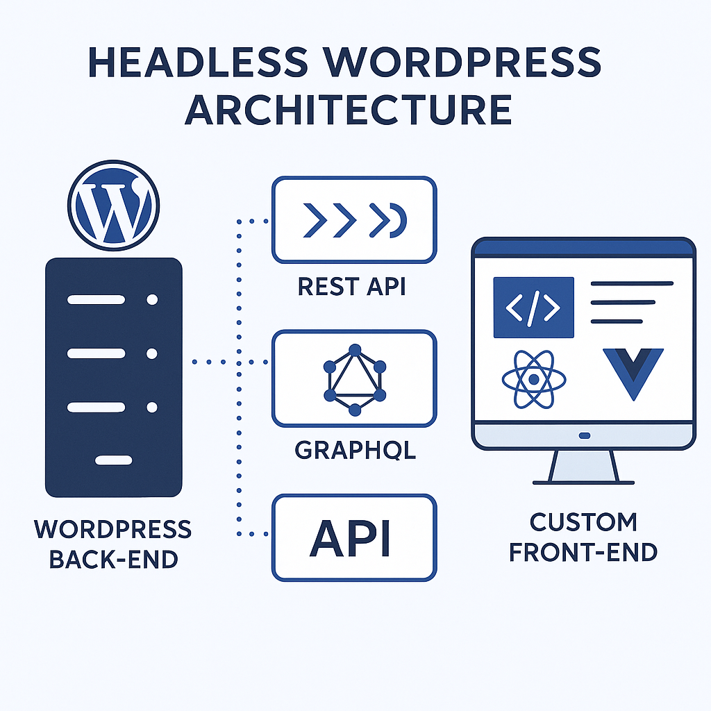 Illustration of a headless WordPress architecture concept with APIs and custom front-end frameworks.