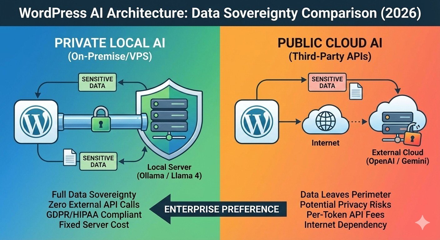 Technical comparison chart showing data flow of Private Local AI on WordPress versus Cloud-based AI services, highlighting data sovereignty for enterprise clients.