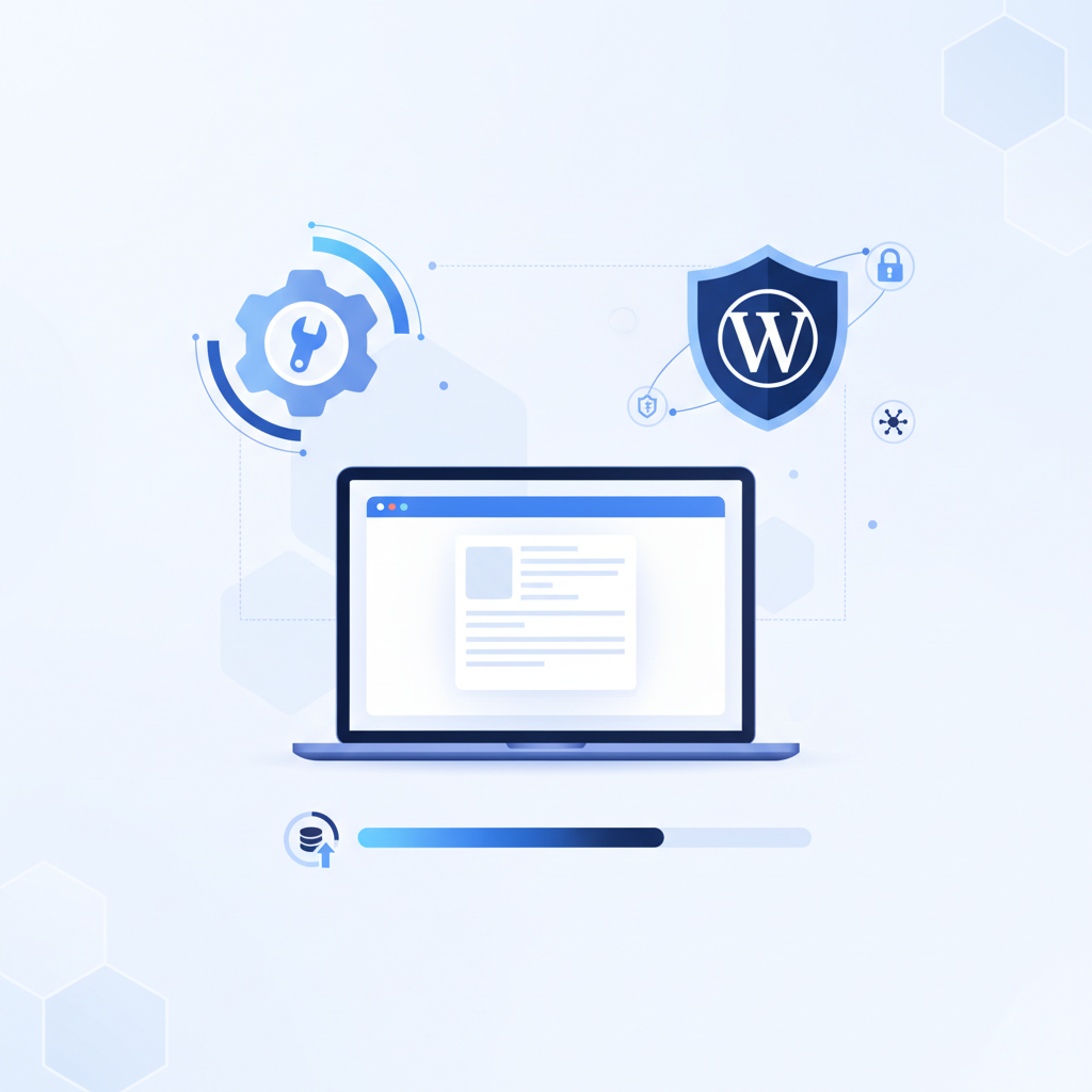Illustration of website maintenance tasks, including updates and backups, in a modern tech style.