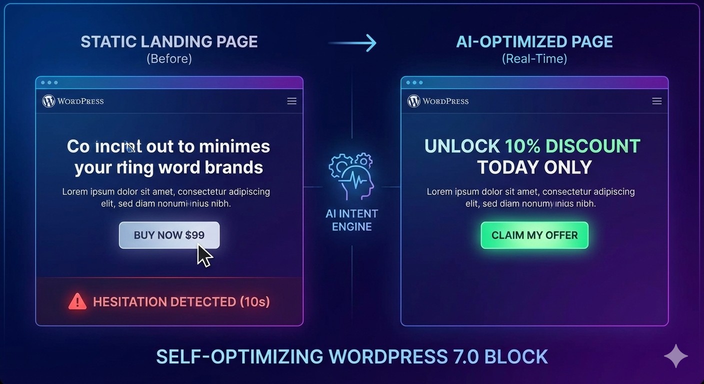 A futuristic visualization of a "Self-Optimizing" WordPress block. The diagram shows the interface detecting user hesitation (Intent Score) and dynamically rewriting the headline and CTA button using Generative UI to increase conversion rates.