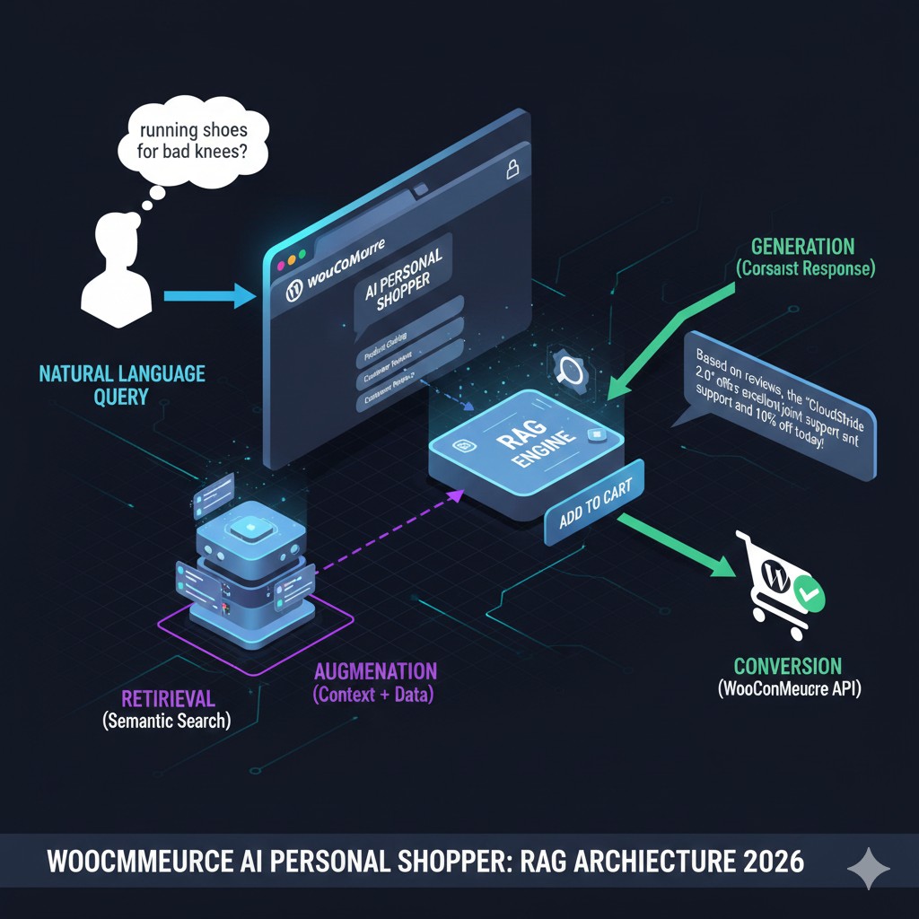 Technical diagram of a WooCommerce RAG (Retrieval-Augmented Generation) pipeline. It illustrates a user asking a natural language query like "running shoes for bad knees," the system retrieving semantic data from the product catalog, and the AI generating a personalized response with a direct 'Add to Cart' button via the WooCommerce API.