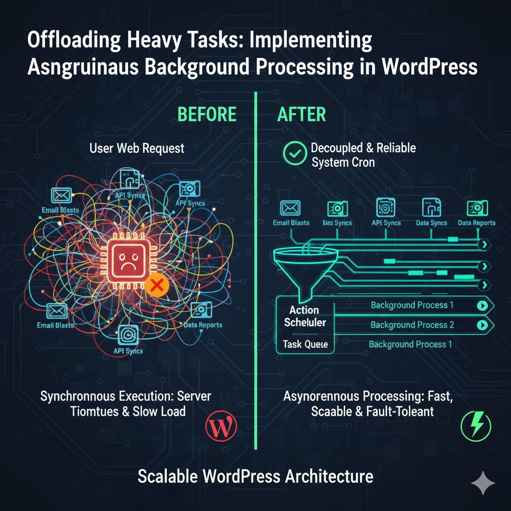 Flow diagram illustrating asynchronous background processing in WordPress, showing a user request being immediately resolved while a heavy task is redirected to the Action Scheduler queue for non-blocking execution.
