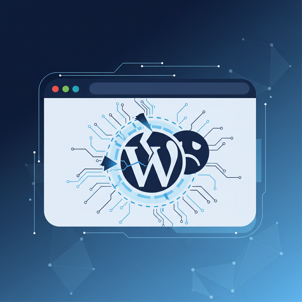 Illustration of a browser error screen for a WordPress site, with a modern tech design.