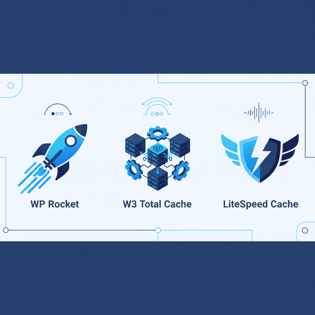 Illustration comparing WP Rocket, W3 Total Cache, and LiteSpeed Cache plugins.