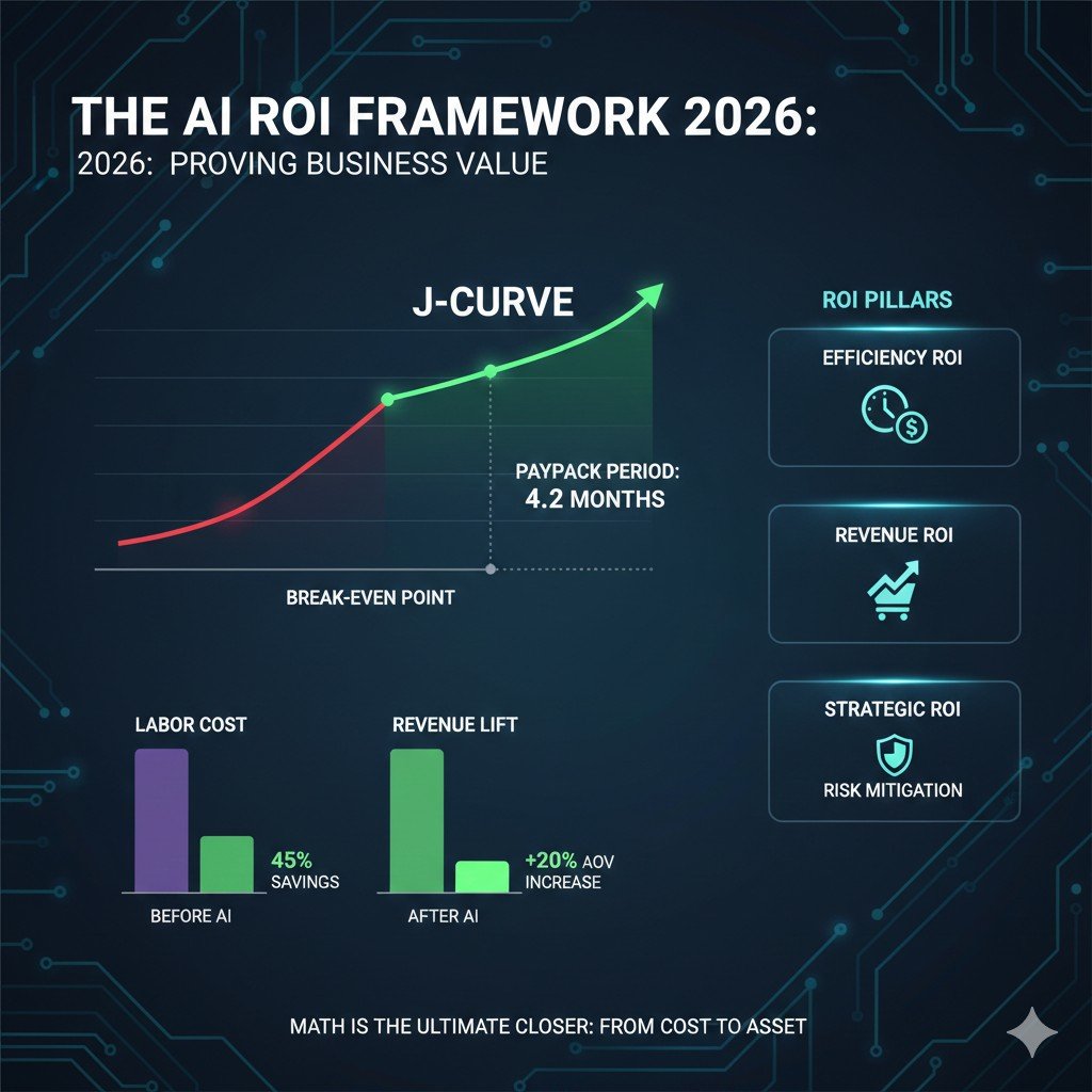 A financial dashboard showing the ROI of an AI implementation. It includes a Payback Period graph, a comparison of 'Before AI' vs 'After AI' costs, and a breakdown of Efficiency, Revenue, and Strategic gains.