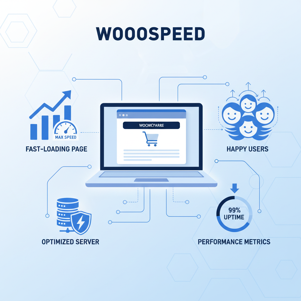 Illustration of a fast WooCommerce store with optimized performance metrics