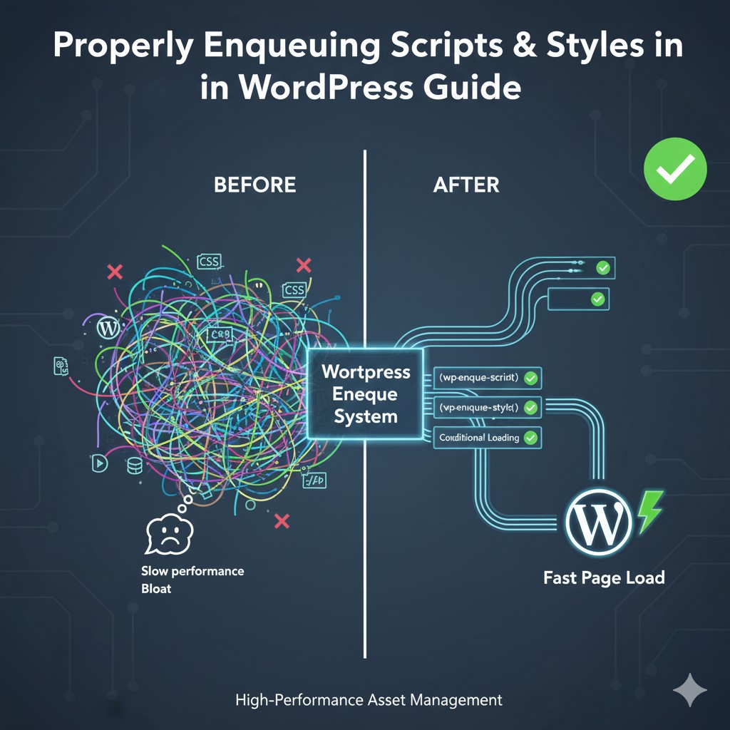 Visualization of organized, prioritized loading paths for JavaScript and CSS assets, demonstrating the proper use of wp_enqueue_script for dependency management and conditional loading to improve WordPress performance.