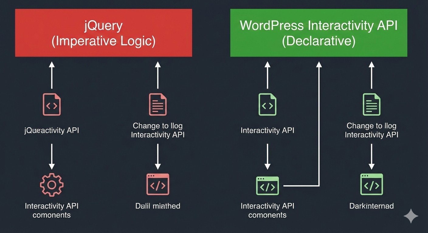 A comparison diagram showing the logic flow of jQuery (imperative DOM manipulation) versus the WordPress Interactivity API (declarative state-based updates) for building Gutenberg blocks.
