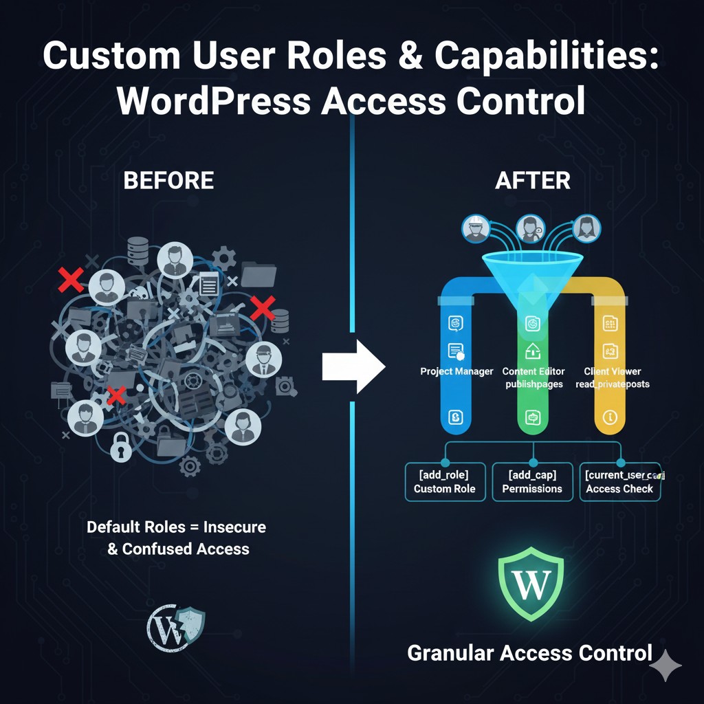 Diagram illustrating WordPress granular access control where different custom User Roles (represented by color-coded keys) are granted specific Capabilities to unlock parts of a secure application interface.